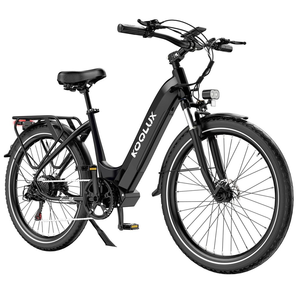 A black electric bicycle is shown against a white background.