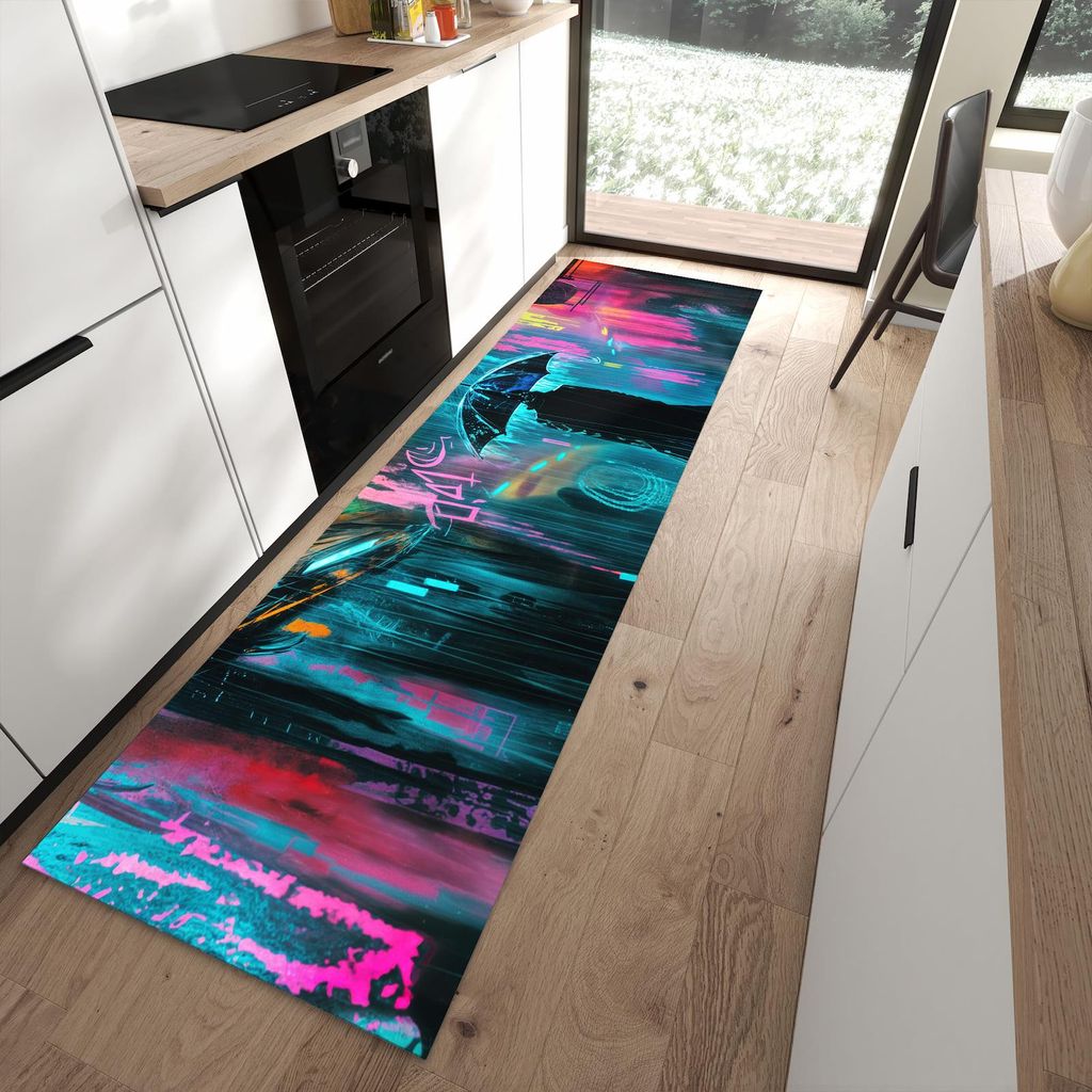 Küchenteppich 80x280cm rutschfest & abwischbar PVC Läufer - Regen bei Nacht