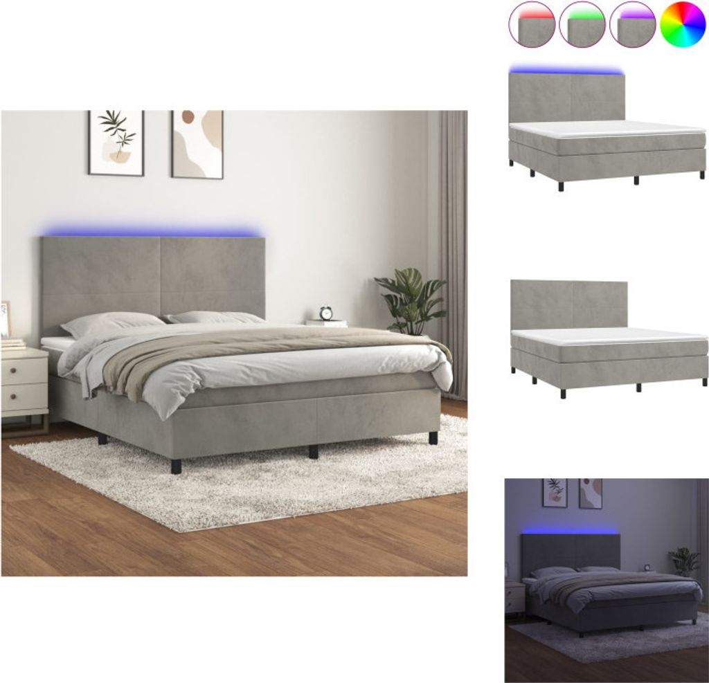 vidaXL Boxspringbett mit Matratze & LED Hellgrau 160x200 cm Samt - Betten & Bettgestelle