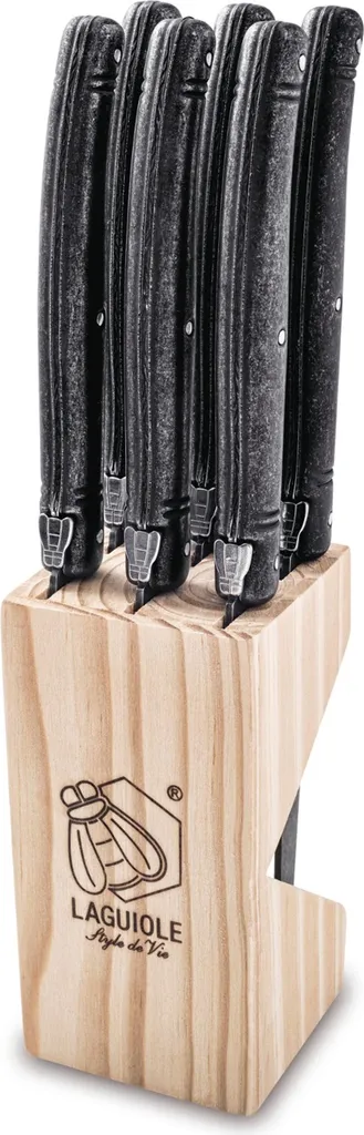 MONTARGO Coltello da bistecca Laguiole Premium Line nero stonewash 6 pezzi, altezza: 65 mm