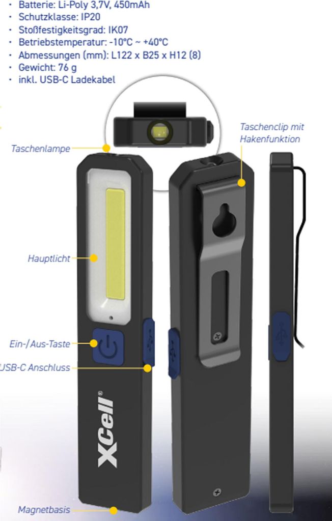 XCell Worklight SLIM, Arbeitsleuchte mit bis zu 200 Lumen, Magnet, 3 Leuchtstufen, USB-C-Ladeanschluss