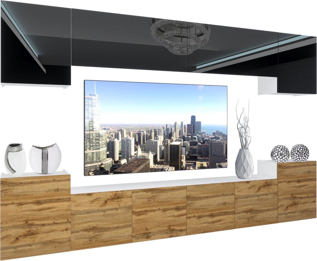 BELINI Wohnwand Wohnzimmer-Set Moderne Schrankwand mit LED-Beleuchtung Weiß Glänzend Anbauwand TV-Schrank Schwarz / Wotan Eiche Glänzend/Matt