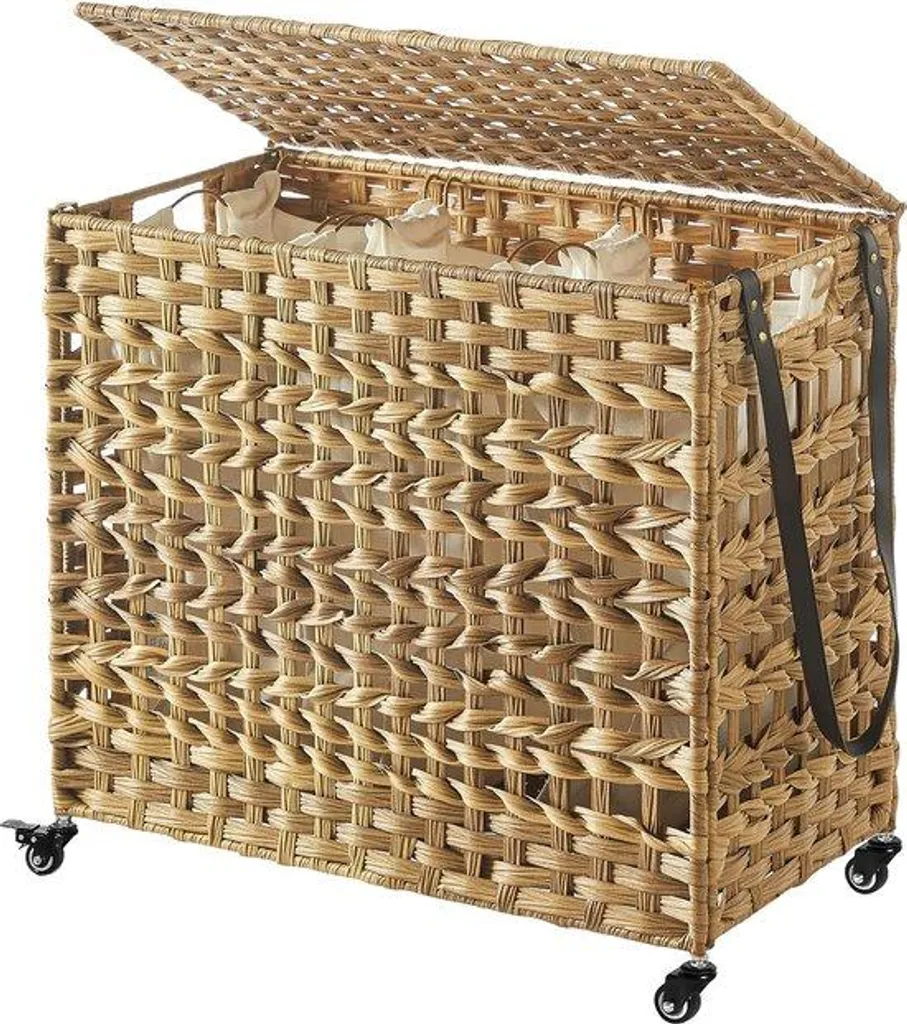 Panier à linge tressé à la main 3 compartiments avec sacs amovibles