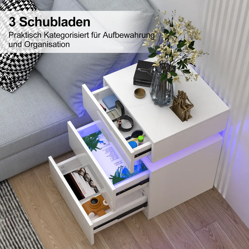 Table de chevet avec LED et 3 tiroirs blanche lot de 2 design moderne - 2