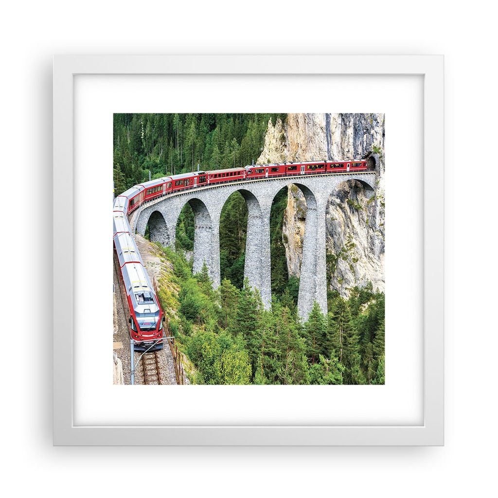 Gerahmtes Poster - Weißer Rahmen - Viadukt Landwasser Zug - 30x30 cm - Wand Bild - Wanddeko - Wandbilder - Kunstposter - Wandposter - Bilderrahmen...