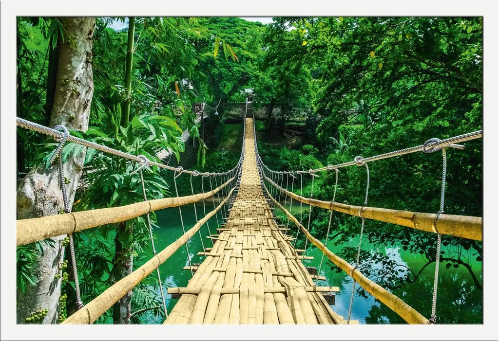 Déco Murale Salon Jungle Pont Suspendu - Poster Géant avec Cadre Blanc Pro