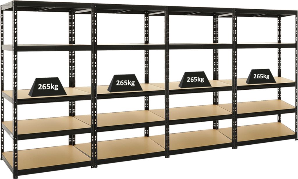 Mega Deal | 4x Schwerlastregal Tiger | HxBxT 180x90x60 cm | Fachlast 265kg | Schwarz