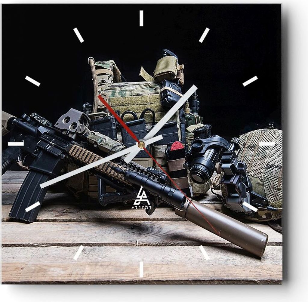 Wanduhr - Quadrat - Glasuhr - Militaria Gewehr - 30x30cm - Schleichendes Uhrwerk - Lautlos - zum Aufhängen bereit - Dekoration Modern - Wanddekora...