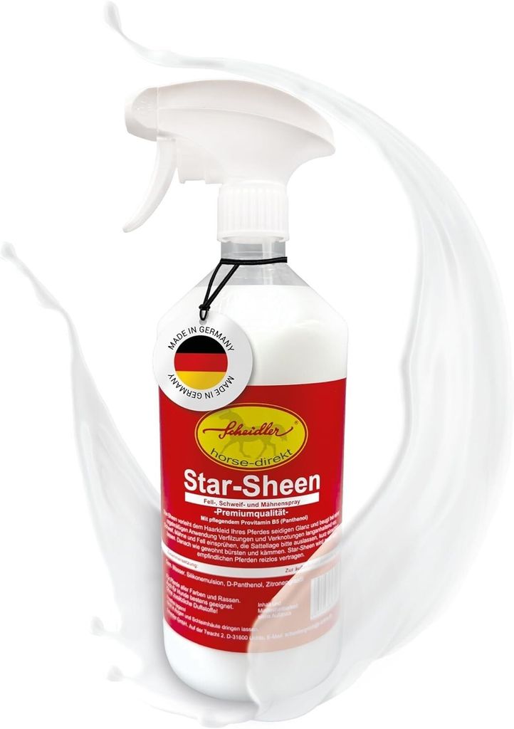 Star-Sheen Mähnenspray 1 L , Schweifspray mit pflegendem D-Panthenol Fellspray Fellglanz, Entfilzungsspray - inkl. Sprüher für Pferde und Hunde