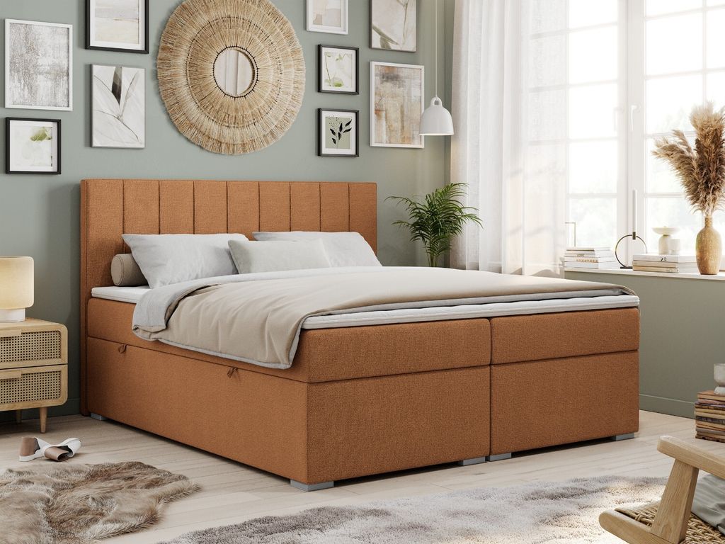 Boxspringbett mit 2 Bettkästen, Matratze und Topper, Polsterbett - ALLY - 120x200cm - Orange - H4
