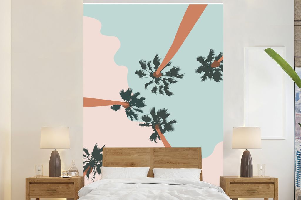 MuchoWow Fototapete für Wohnzimmer oder Schlafzimmer Wandtapete Vinyl Motivtapete Sommer - Palmen - Pastell - 155x240 cm - Tapete