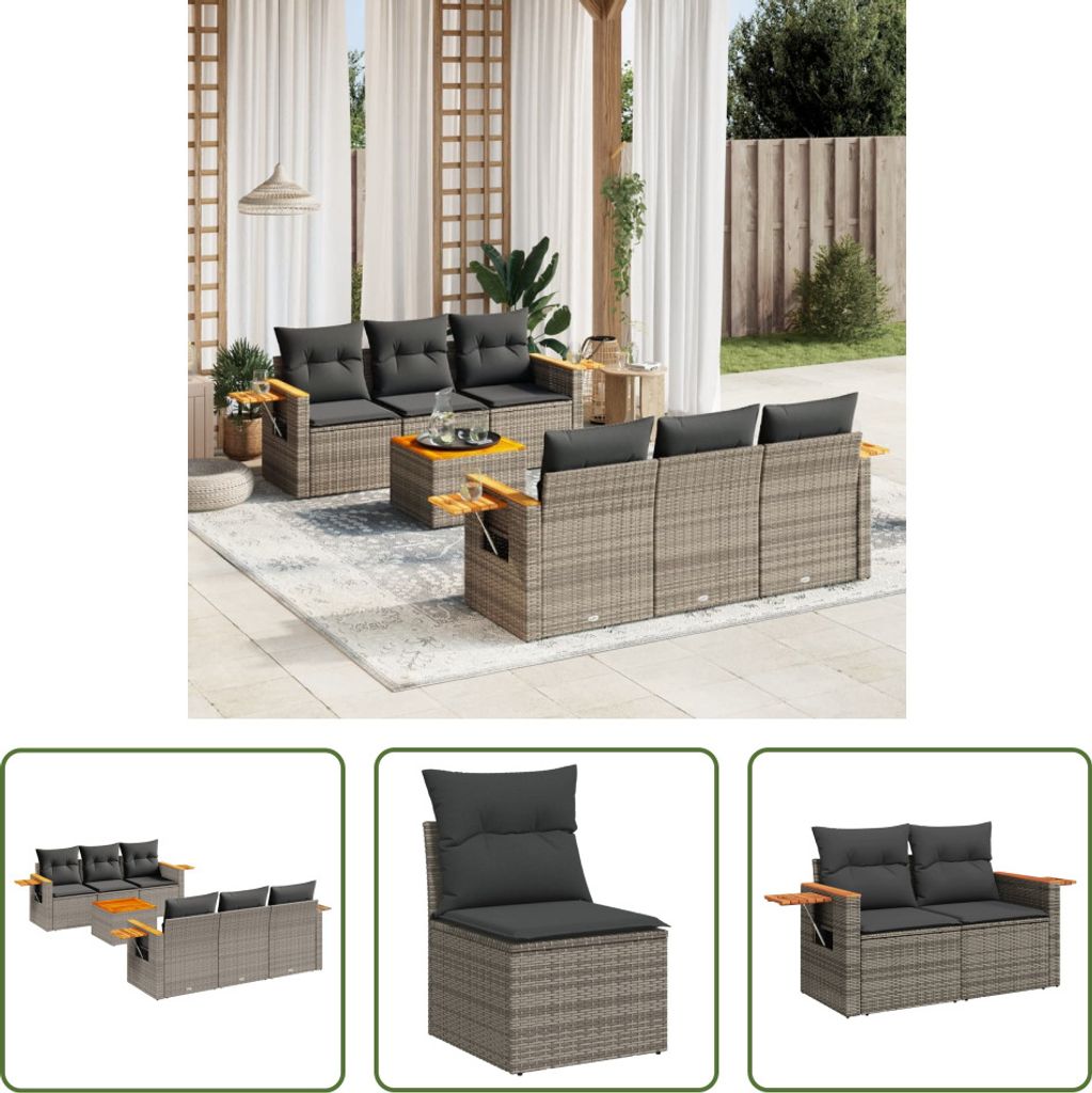 The Living Store 7-tlg. Garten-Sofagarnitur mit Kissen Grau Poly Rattan