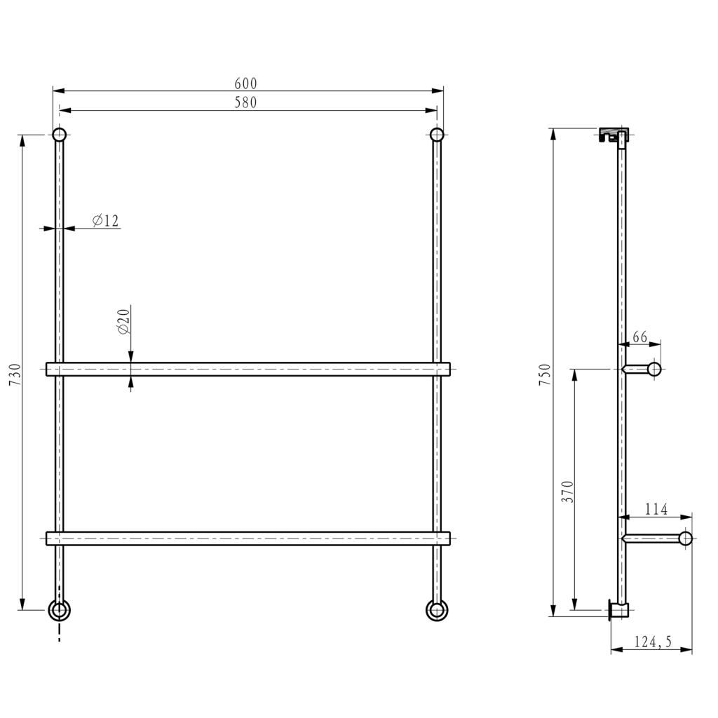 Technical drawing of a wall-mounted towel rack with dimensions.