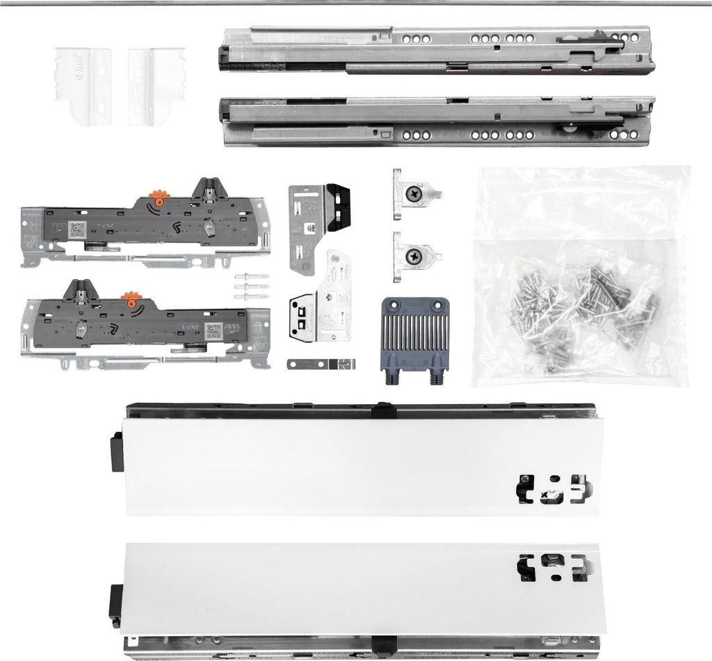 BLUM Schubladenschienen TANDEM SET; Zargenhöhe 83mm, mit TIP-ON BLUMOTION Einheit, 65kg, NL550mm, Seidenweiß, bis max. KB1400mm