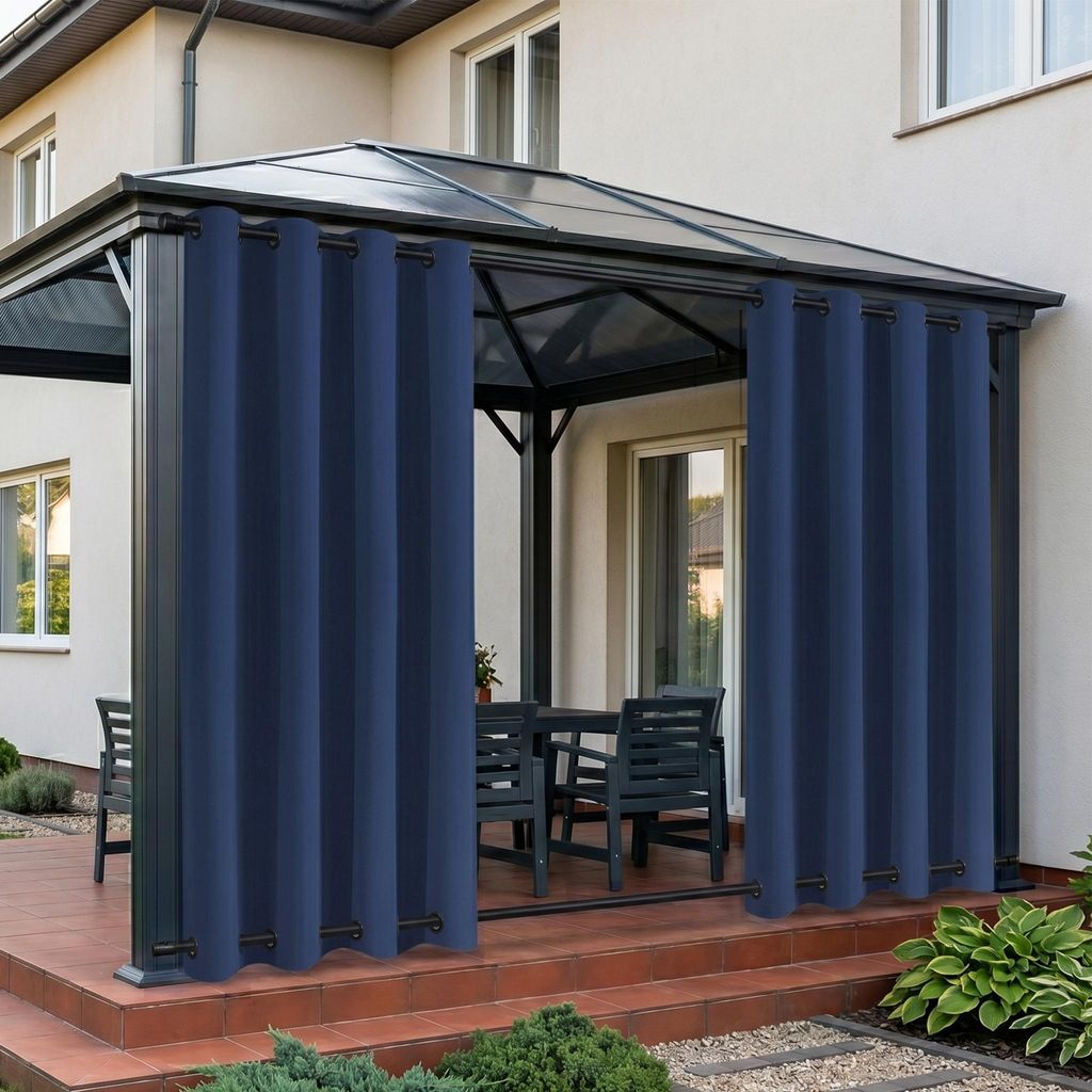 Vorhang Wasserdicht Sonnenschutz Gardine Wetterfest Verdunkelungsvorhang mit Ösen für Outdoor Terrasse Balkon Pergola, 132x213cm, Blau