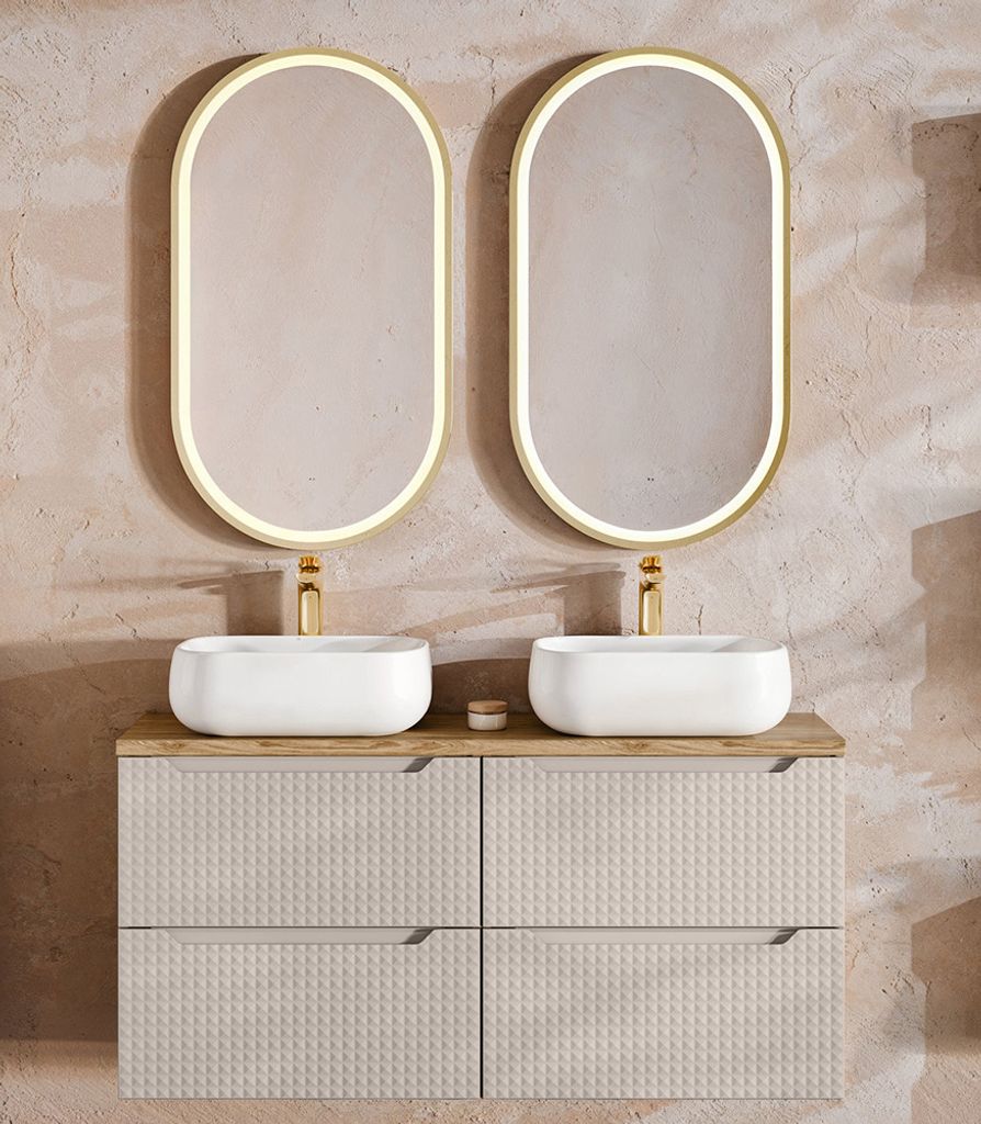 Badmöbel Set 3-teilig mit 120 cm Waschtisch, LONDON-56-BEIGE, in Eiche mit beige