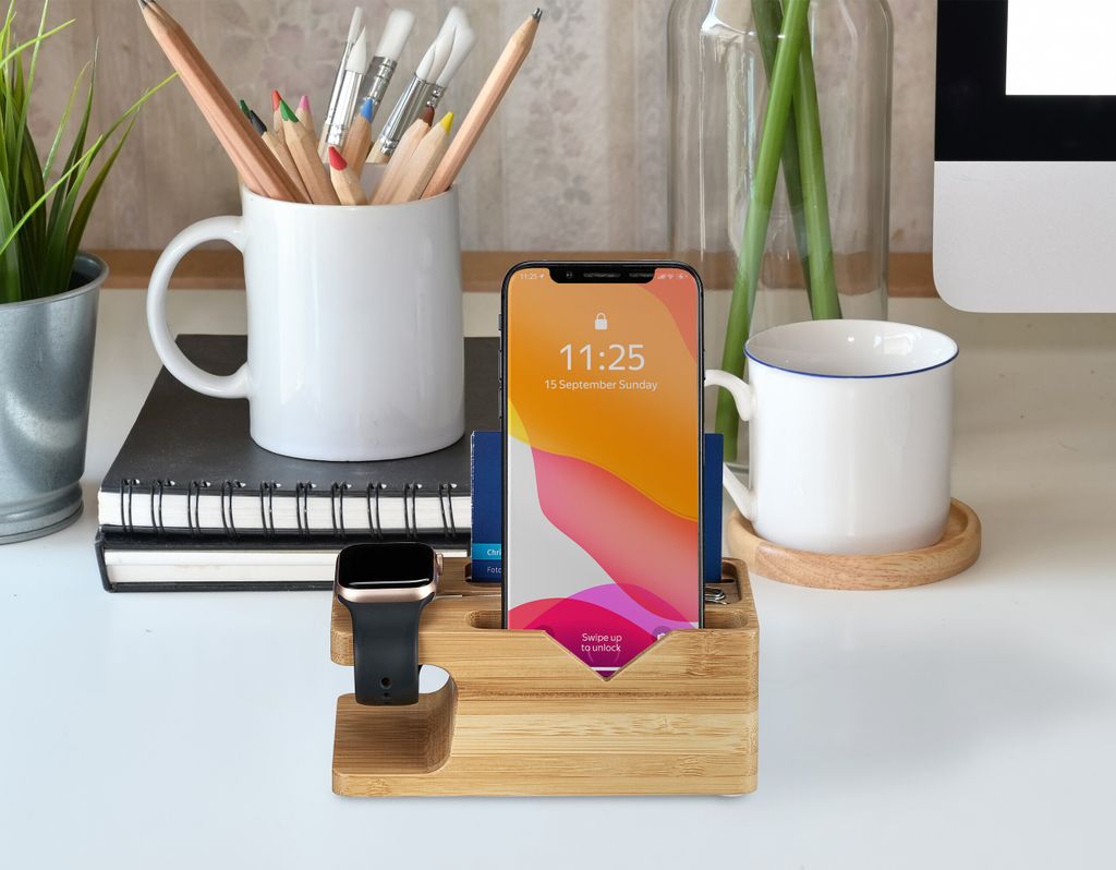 Relaxdays Ladestation, fr Apple Watch & iPhone, Bambus,