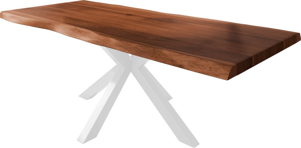 Esstisch Baumkante massiv Akazie nussbaumfarben 240 x 120 Spider-Gestell Metall weiß TITAN