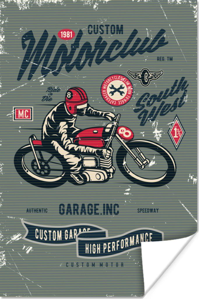 MuchoWow Poster Motorrad - Sport - Retro - Zeichnung 20x30 cm - Papierdruck