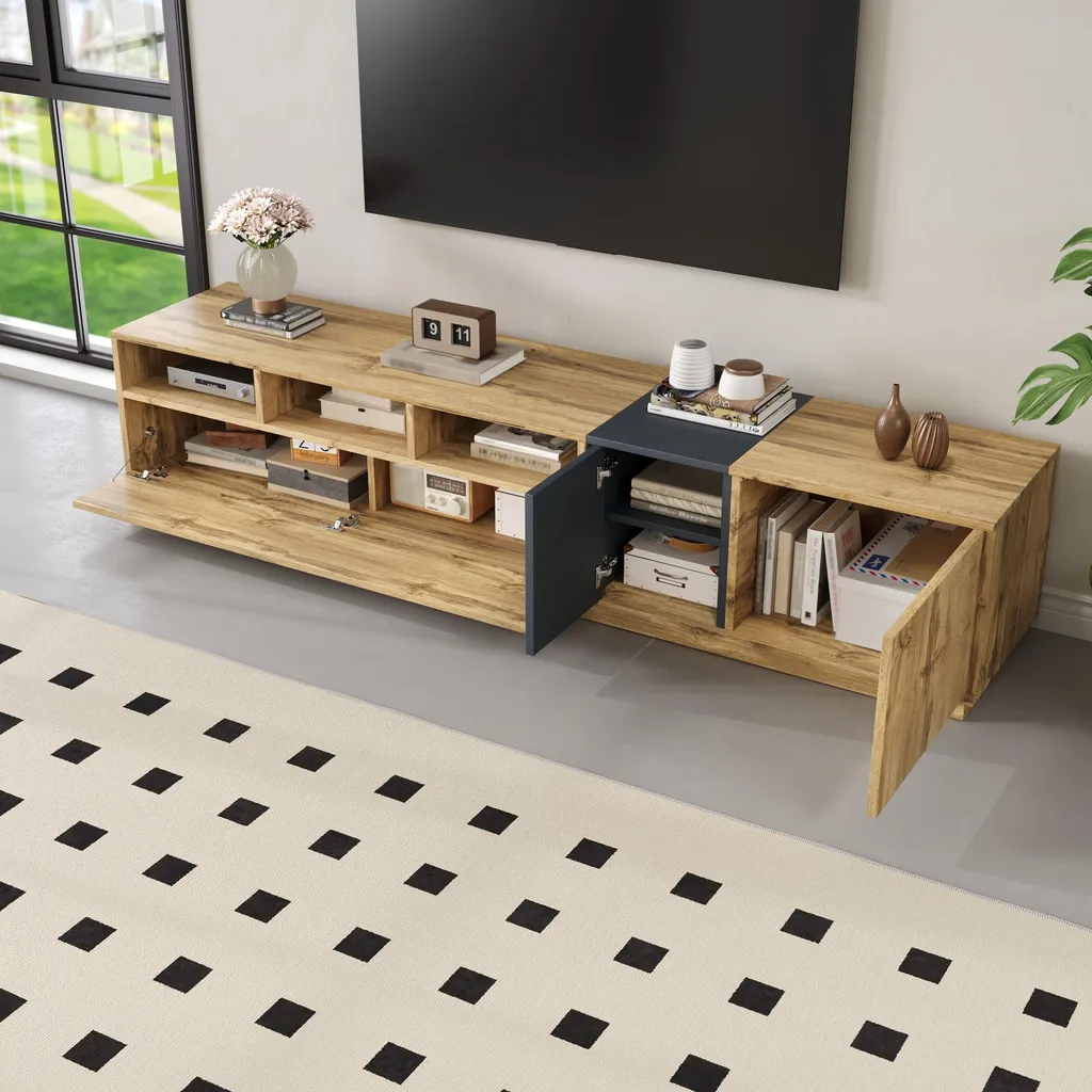 Okwish Meuble TV Lowboard Gris et Noir Design avec 3 Niches Ouvertes