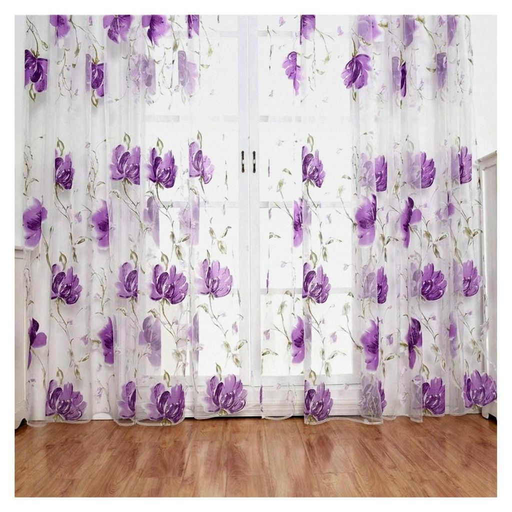Tüllvorhänge 100 x 200 cm, Transparente Vorhänge mit Blauem Blumendruck für Wohnzimmer, Schlafzimmer und Hochzeitsdekoration