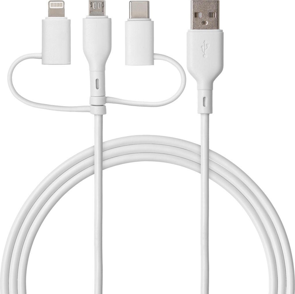 QUALO Recycling Kabel 3in1 USB-C – USB-A Adapter microUSB + Lightning 1,5 m 3A Weiß QRC-CA+M+L-00