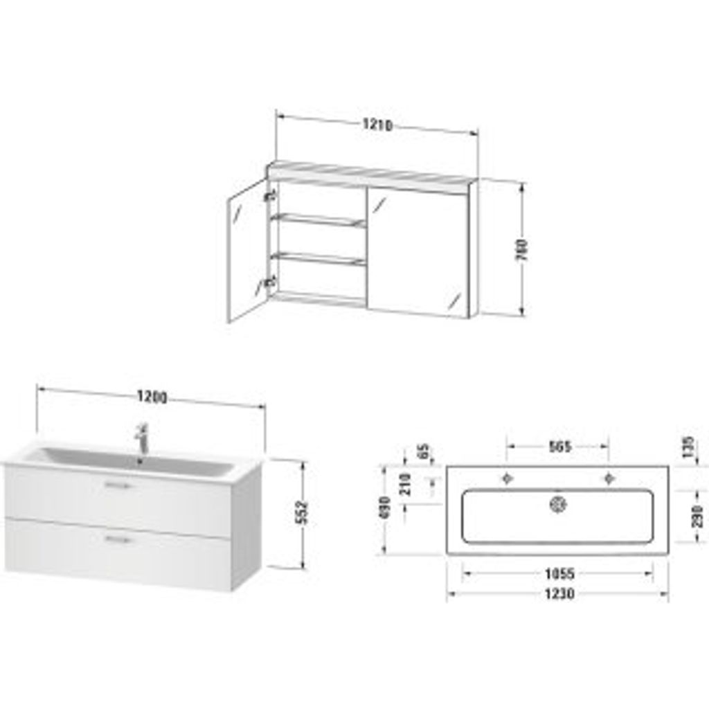 Duravit Xbase, Möbel-Set wandhängend, mit LED-Spiegelschrank, Waschtisch und Waschtischunterschrank, Breite 1200 mm, XB006705353