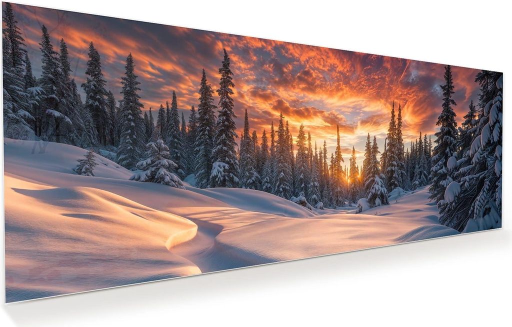 Glasbild 125x50cm in XXL für Wohnzimmer, Schlafzimmer Motiv Winterlandschaft Sonne
