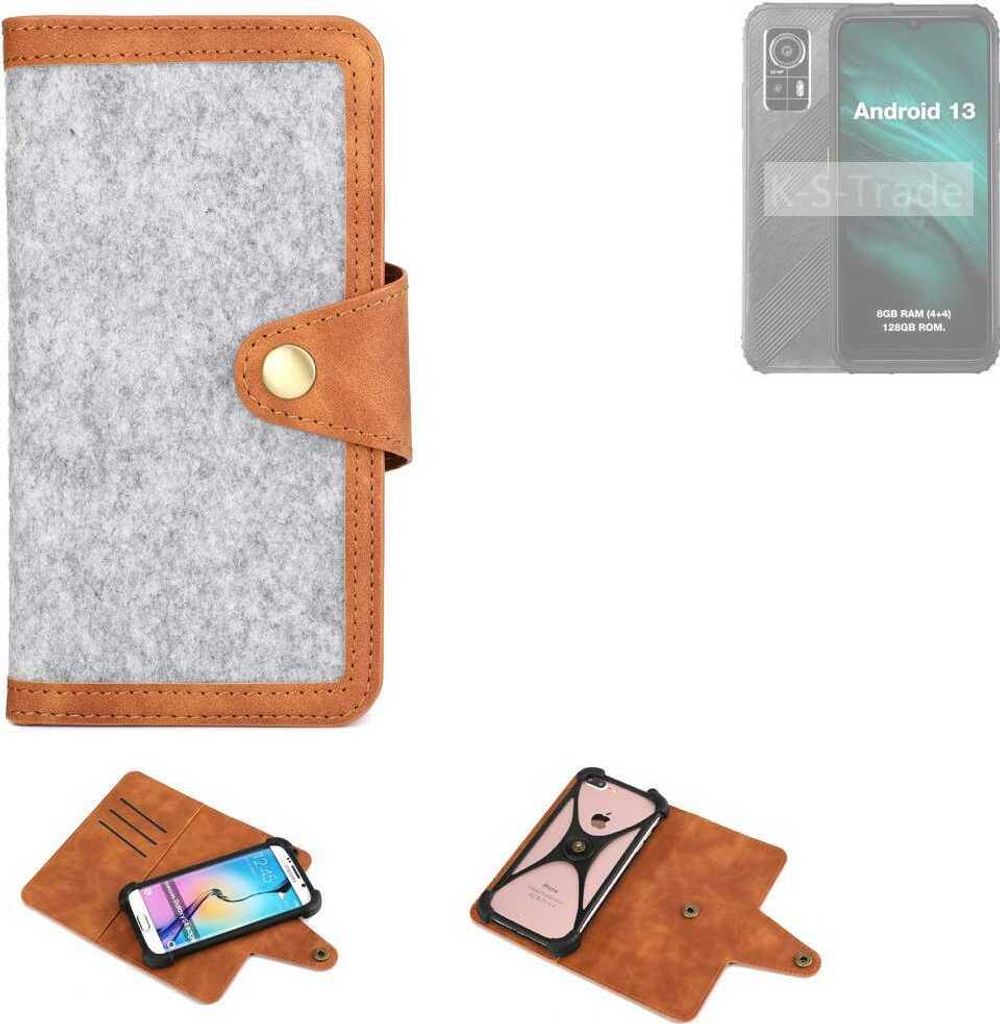K-S-Trade Handyhülle kompatibel mit AGM H6 Lite Schutzhülle Filz-Hülle Kunst-Leder hellgrau braun (1x)
