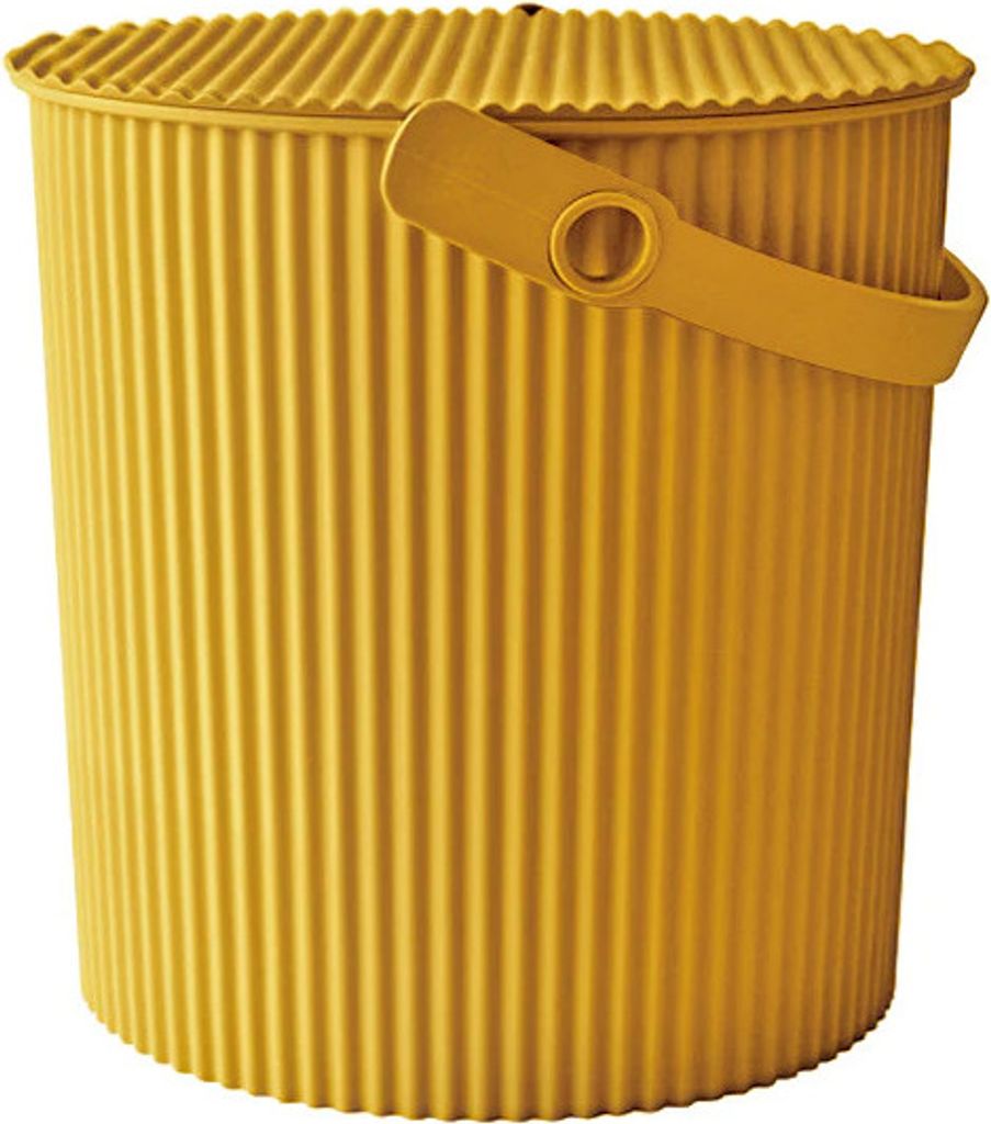 A yellow bucket with a lid and handle is shown against a white background.