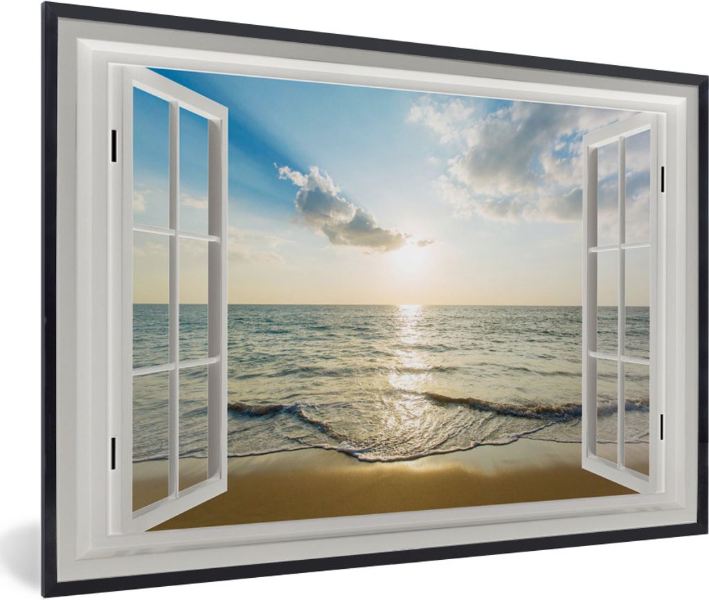 MuchoWow MuchoWow Gerahmtes Poster Aussicht - Sonne - Meer 60x40 cm - Poster mit zchwarzem Bilderrahmen - Printing - Wanddeko Schlafzimmer