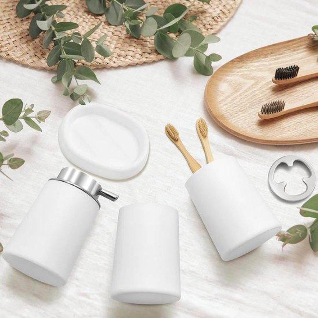 Moderne Badkamer Accessoires Sammlung, 4 Teile, Einheitsstil Badkamer Einrichtung, Weiß, Geschenkidee, Seifenbecher Set, Zahnbürstenhalter.