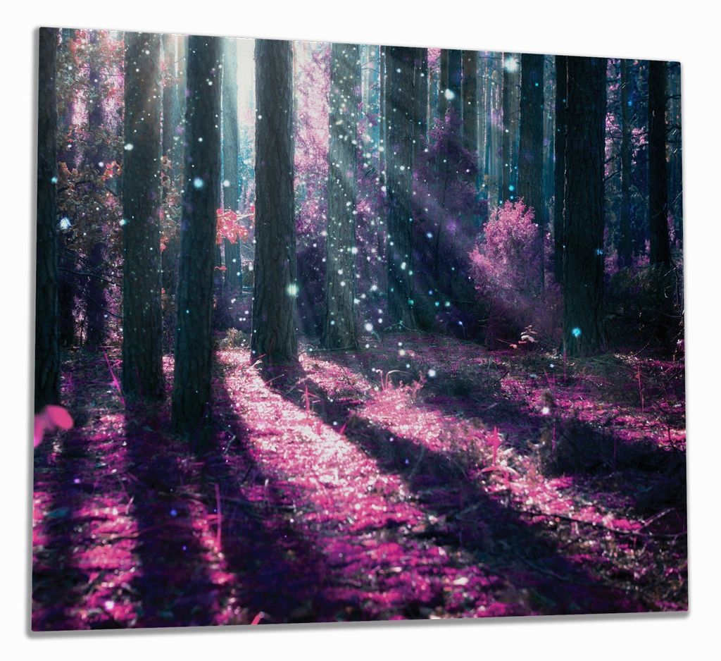 Wallario Herdabdeckplatte aus Glas, Größe 60 x 52 cm 1-teilig, Motiv Fantasie im Wald - Pinke Blumen in der Sonne
