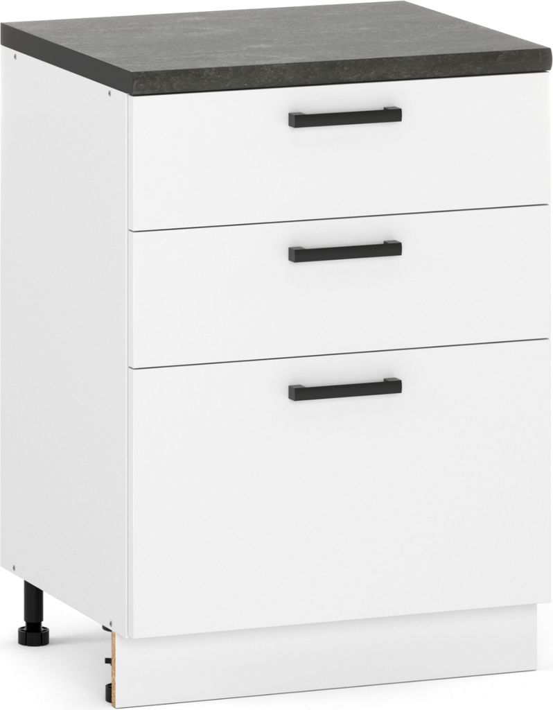 A white kitchen cabinet with a gray countertop and three drawers with black handles, shown against a white background.