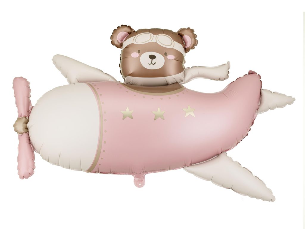 Balon foliowy jasny różowy Miś w Samolocie 94x61cm Zdjęcie produktu 