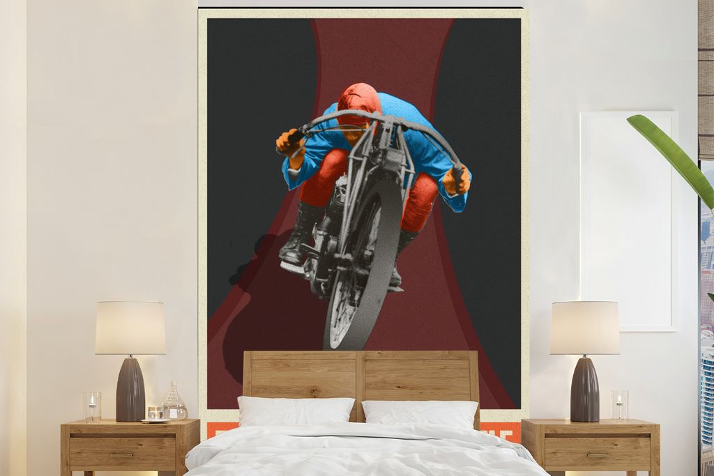 MuchoWow Fototapete für Wohnzimmer oder Schlafzimmer Wandtapete Vinyl Motivtapete Mancave - Motor - Vintage - Zeichnung - 160x240 cm - Vinyltapete