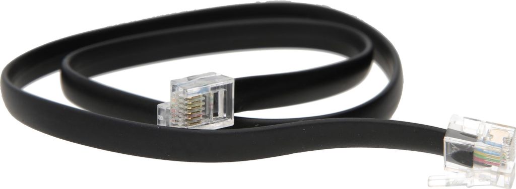 A black flat cable with two clear RJ11 connectors on a white background.