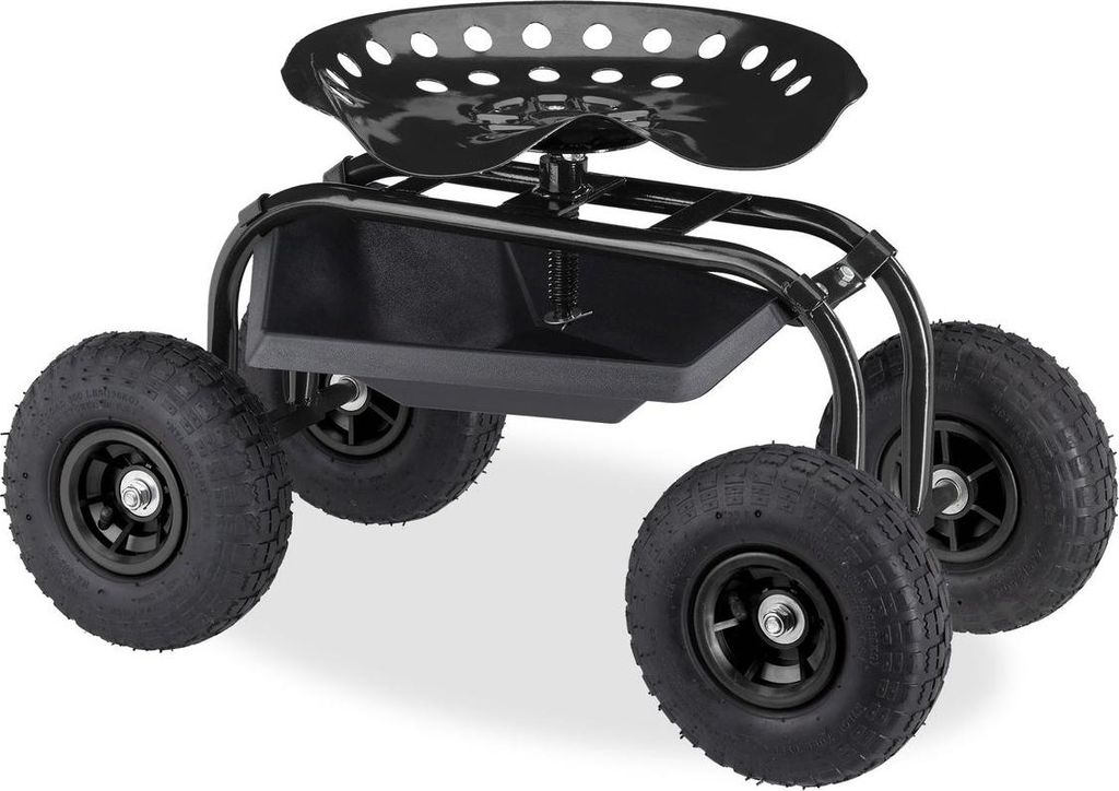 Höhenverstellbarer Gartensitz Rollhocker mit 4 Luftreifen, Staufach für Gartenarbeit