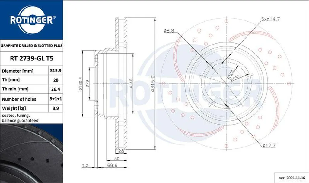Disque de frein graphite RT 2739-GL T5 anti-corrosion Série 7 E38