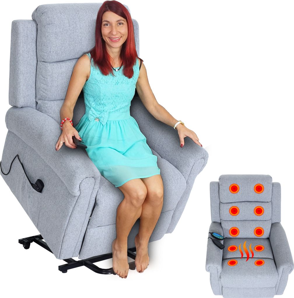 Fernsehsessel MCW-K63, Relaxsessel Sessel, Liegefunktion Aufstehhilfe Massage Heizfunktion, Stoff/Textil hellgrau
