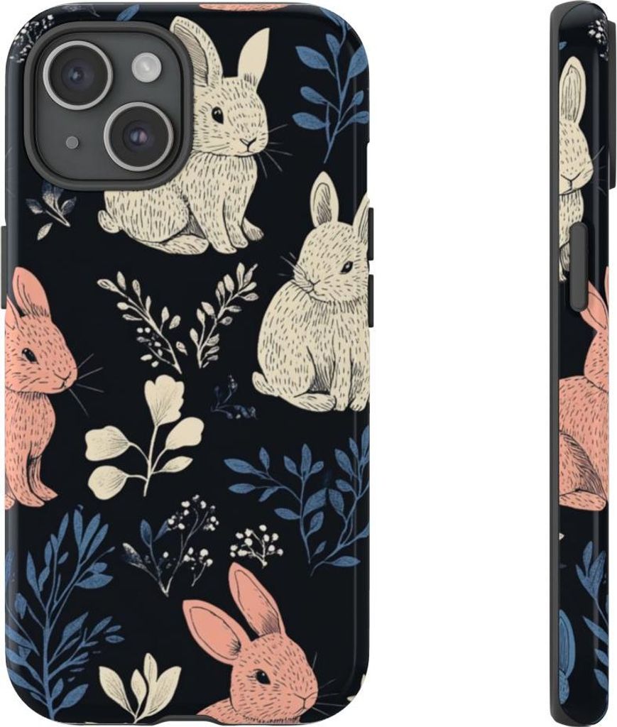 Bunte Hasen und Blätter – Hülle Kompatibel mit iPhone 15