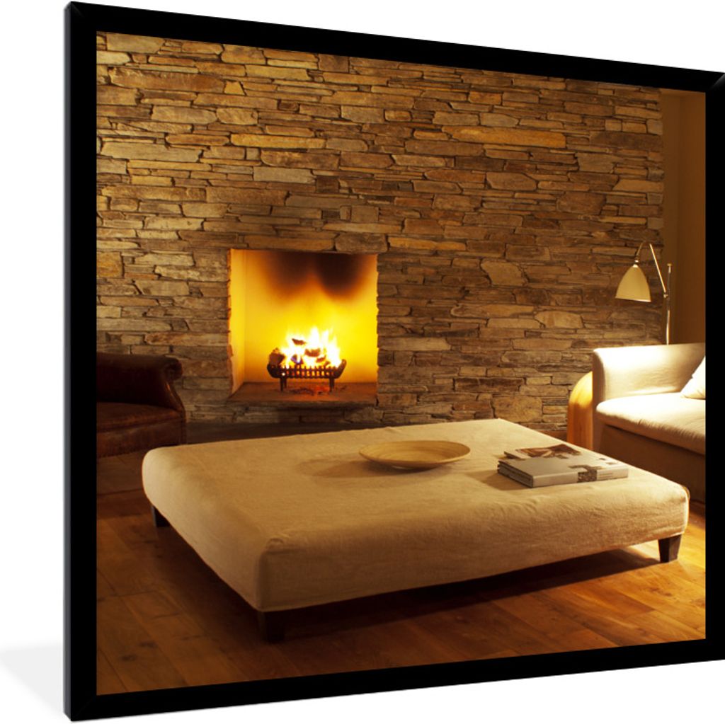 MuchoWow Gerahmtes Poster Ein Kamin in einem modernen Wohnzimmer 40x40 cm - Poster mit Schwarzem Bilderrahmen Wandposter Rahmen Foto Bilder - Mit...