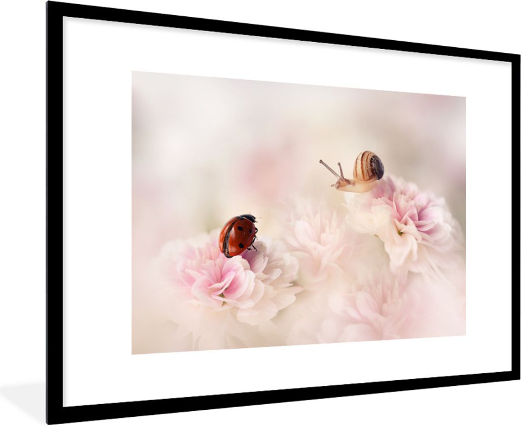 MuchoWow MuchoWow Gerahmtes Poster Schnecken - Blumen - Marienkäfer 90x60 cm - Poster mit zchwarzem Bilderrahmen - Wanddekoration - Fotos