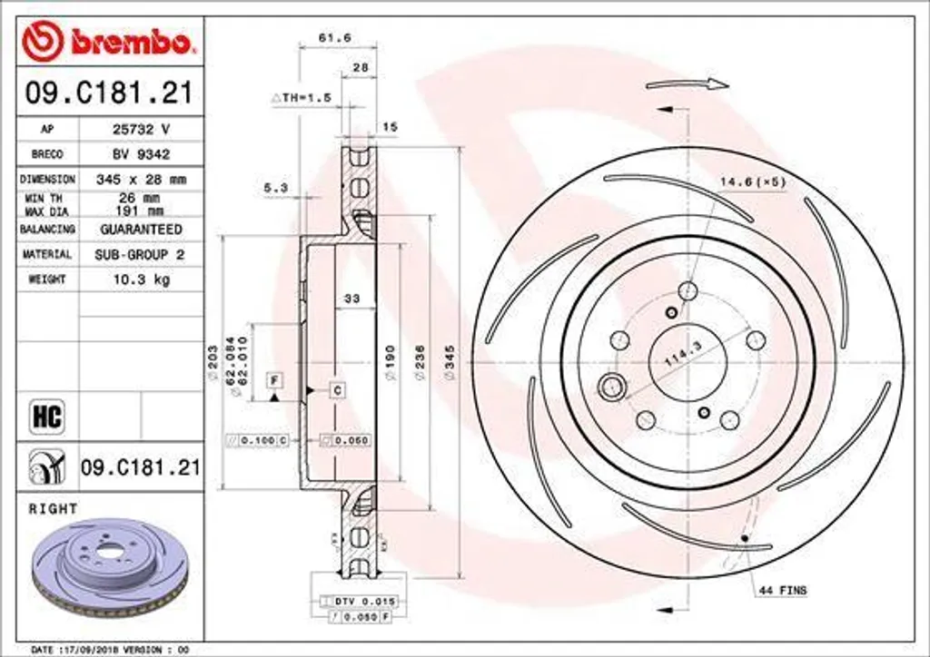 Brembo 09.C181.21 Disque de Frein Haute Performance pour GS L1 et RC C1