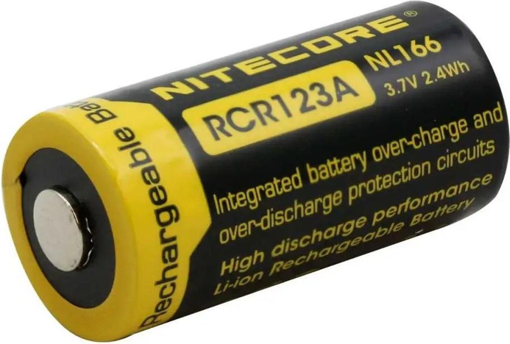 A single Nitecore RCR123A rechargeable battery is shown against a white background.