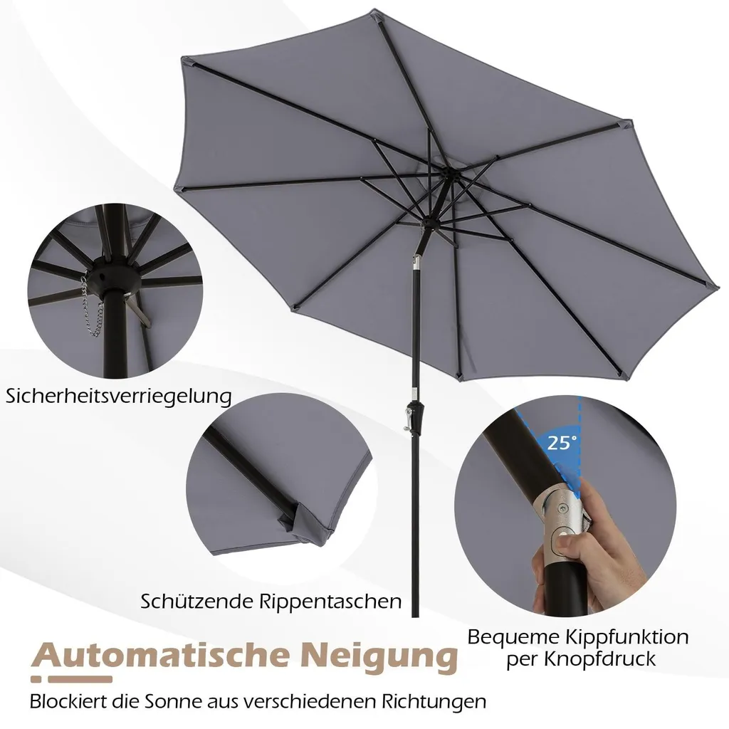 Parasol inclinable 300cm gris résistant à l'eau pour table de jardin - 5