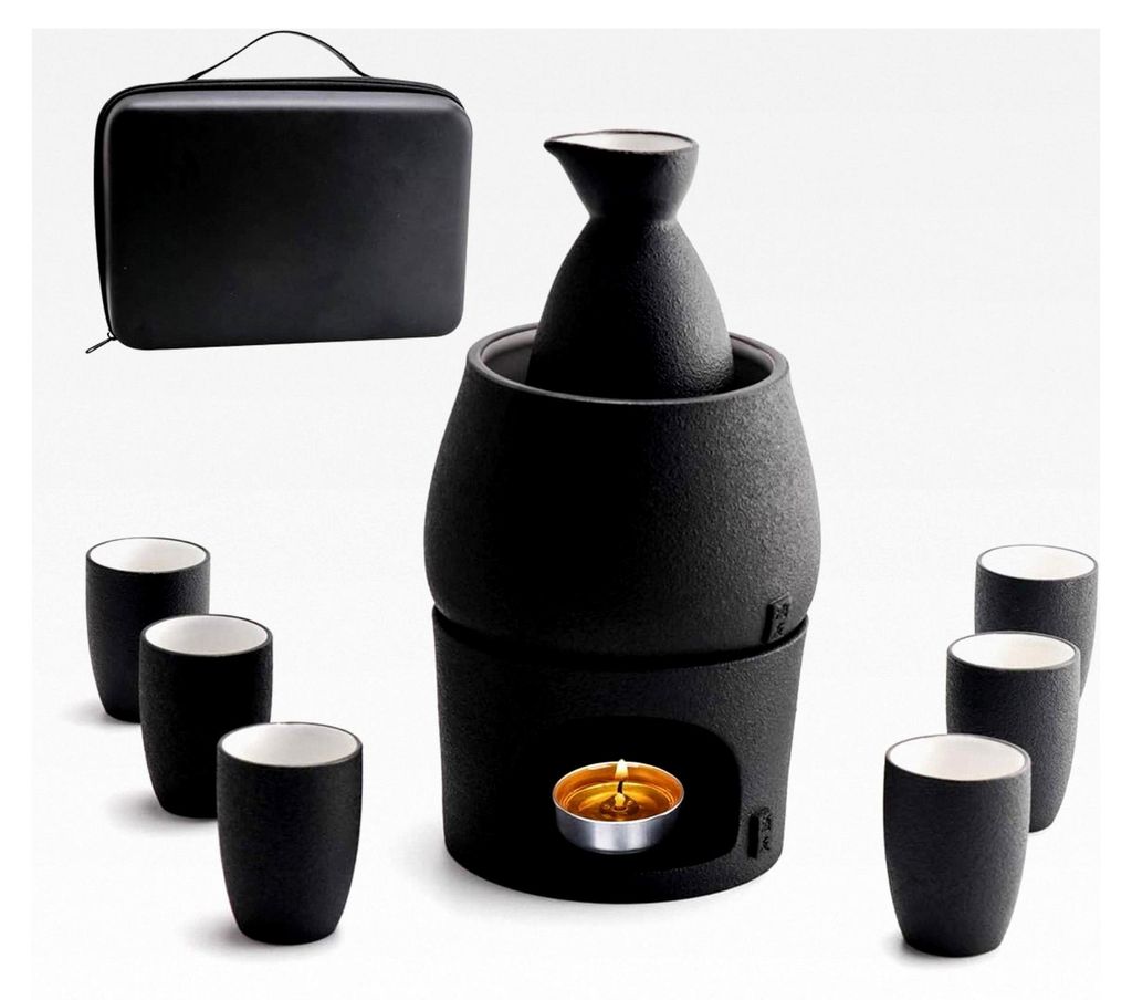 Sake Set mit Wärmer - Aufbewahrungsbox für Sake, traditionelles Porzellan, japanische Keramik für Heißgetränke, 9 Teile inklusive Herd, Wärme...