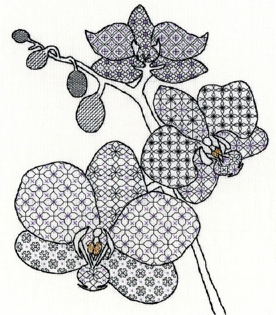 Broderie point de croix Blackwork Orchidée Kit complet 27 x 33 cm