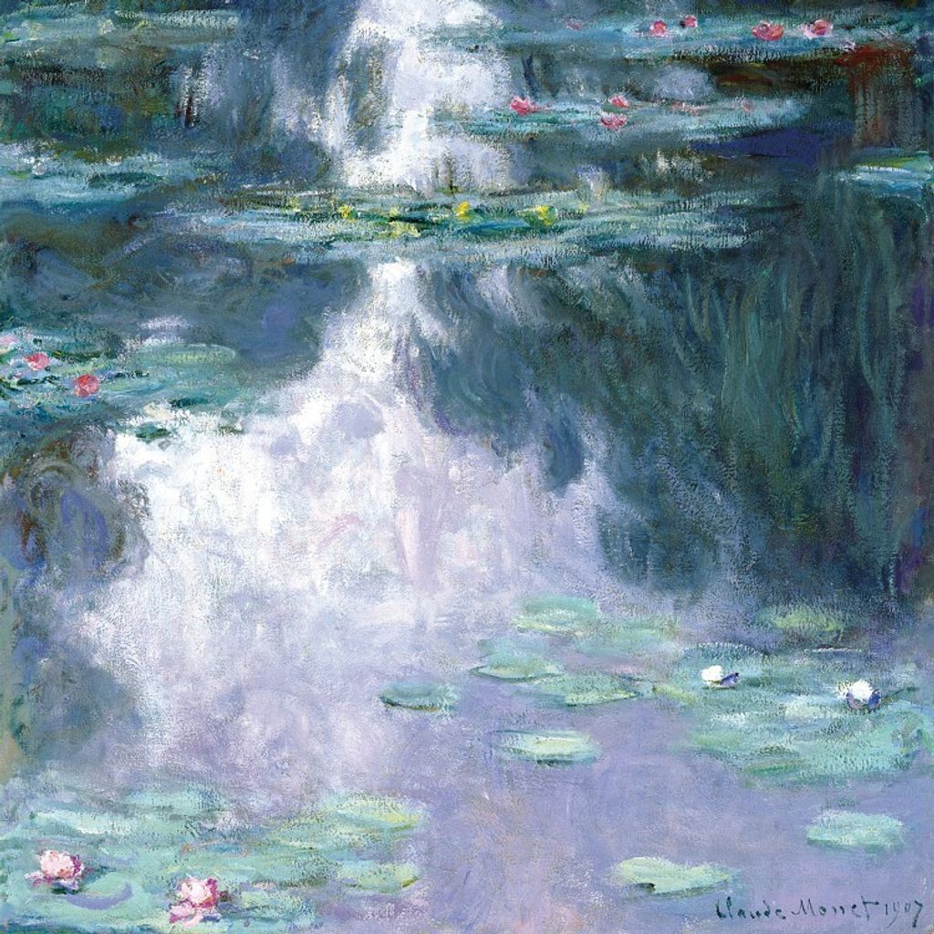 Claude Monet Bilder Leinwand-Bild Auf Keilrahmen | XXL-Wandbild Poster Kunstdruck Als Leinwandbild - Seerosen, 1907 (dunkelblau) (70 x 70 cm)