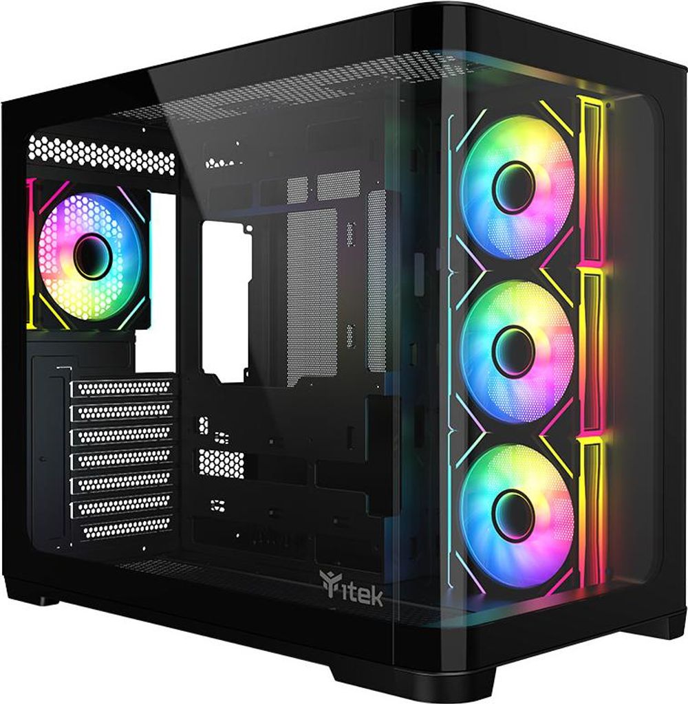 itek DARK CAVE Gehäuse PC Gaming ATX Curved Schwarz gehärtetes Glas RGB Flüssigkeitskühlung